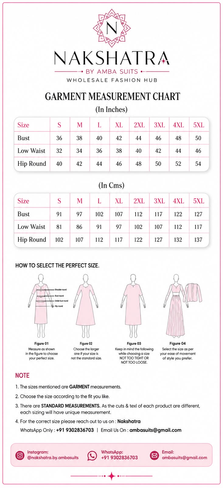 Nakshatra size chart — detailed measurements for all garments